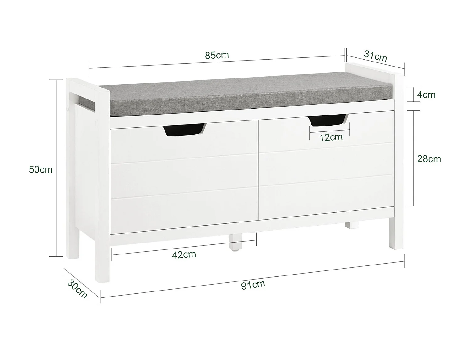 SoBuy Entreebank met Opbergruimte, Gekussen Zitting en 2 Deuren - Wit