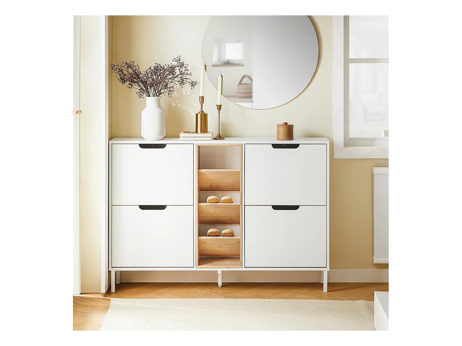 SoBuy Armoire à Chaussures Blanche 4 Portes avec Compartiments Ouverts