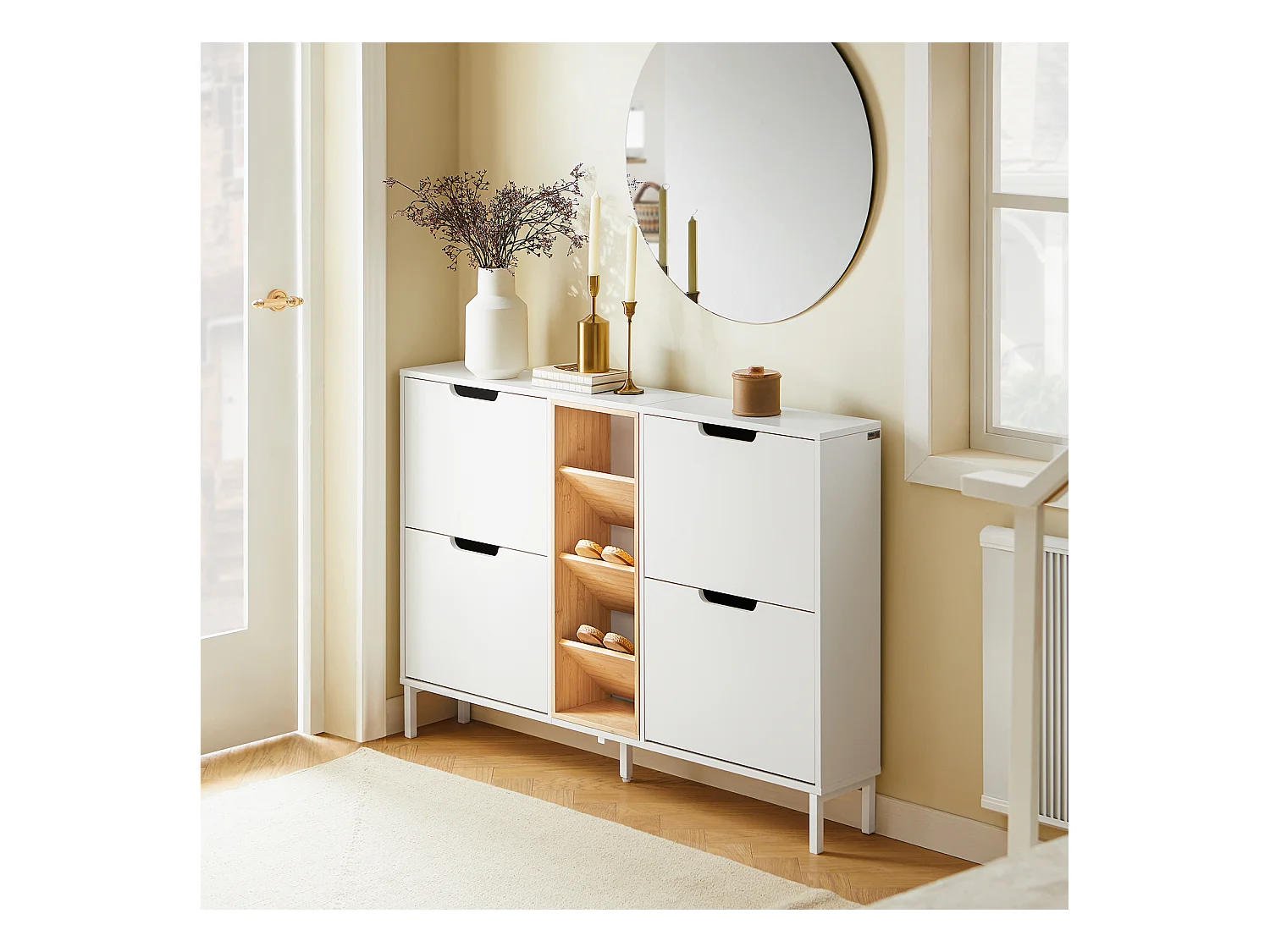SoBuy Armoire à Chaussures Blanche 4 Portes avec Compartiments Ouverts