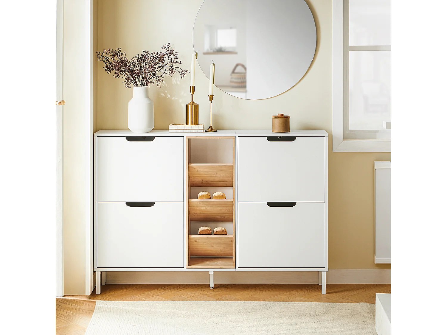 SoBuy Armoire à Chaussures Blanche 4 Portes avec Compartiments Ouverts