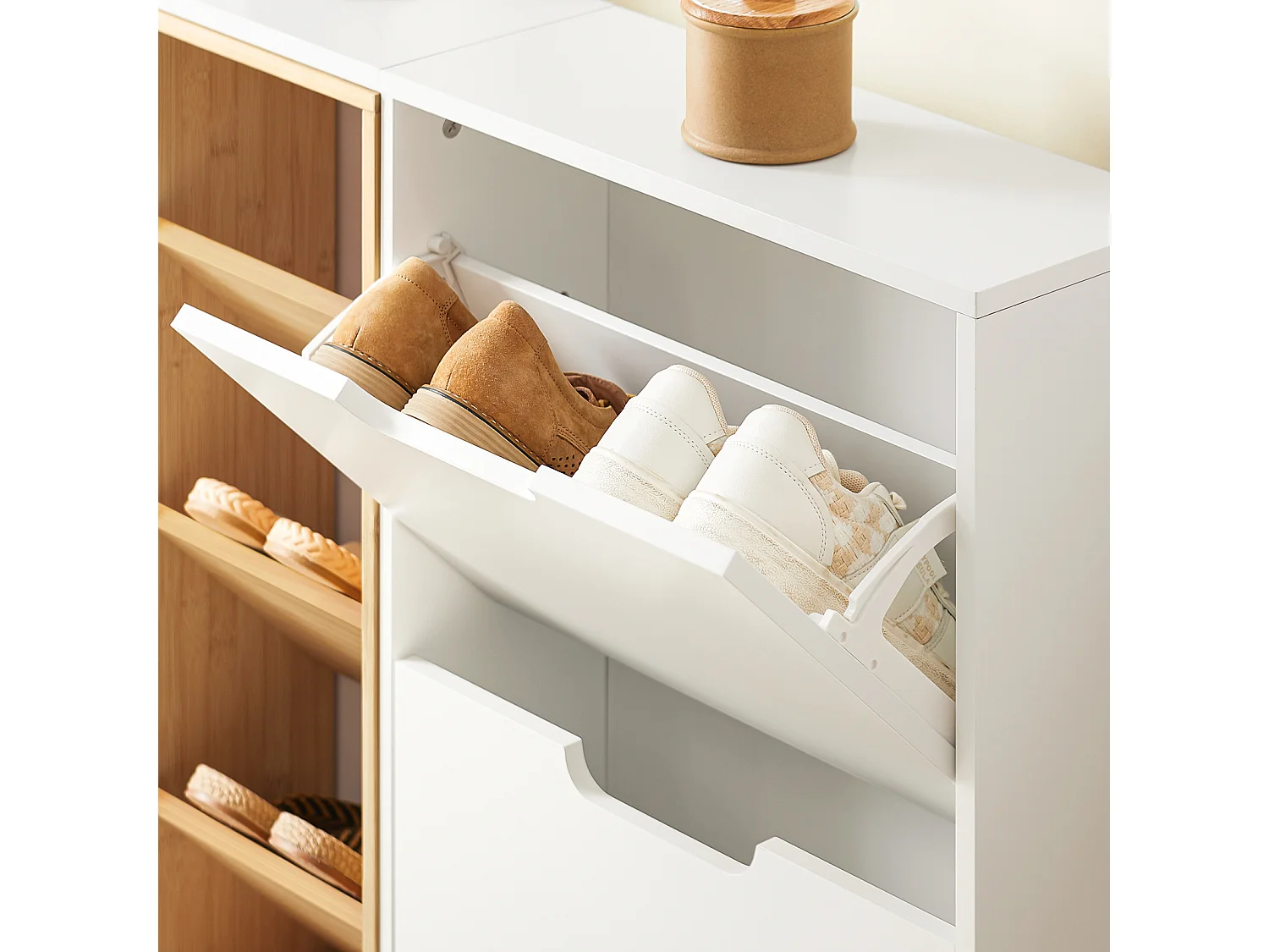 SoBuy Armoire à Chaussures Blanche 4 Portes avec Compartiments Ouverts