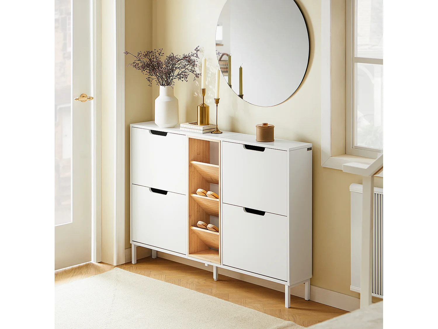 SoBuy Armoire à Chaussures Blanche 4 Portes avec Compartiments Ouverts