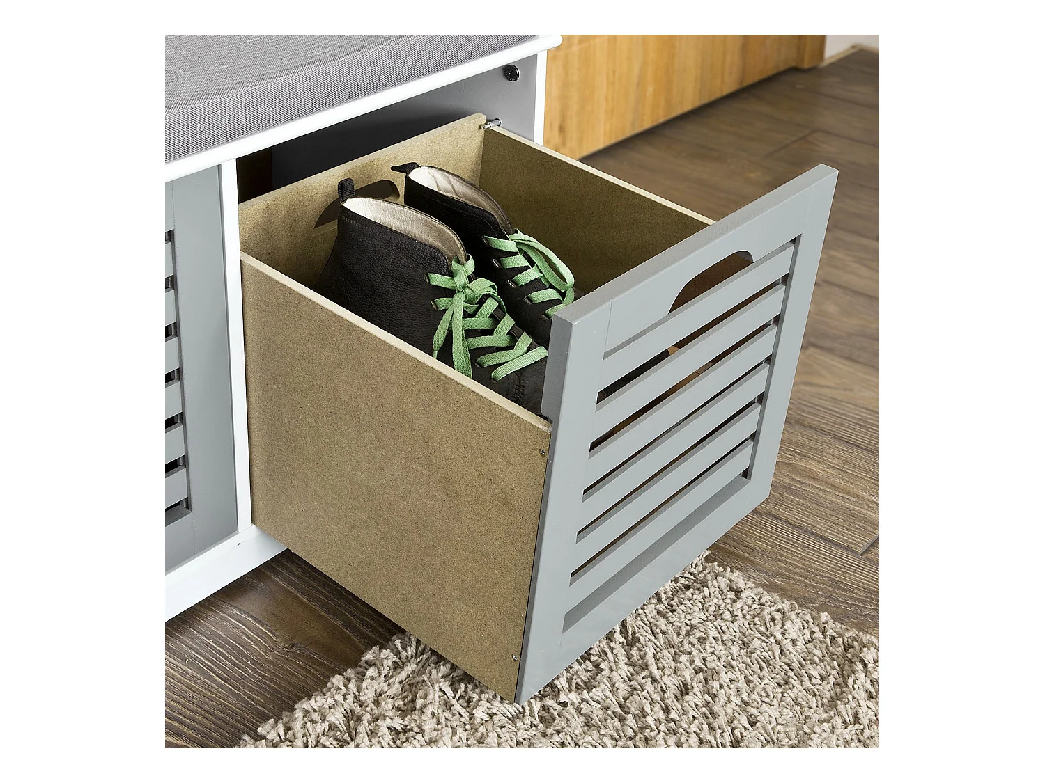 SoBuy Armoire à Chaussures Moderne avec Coussins et Paniers, Blanc Gris