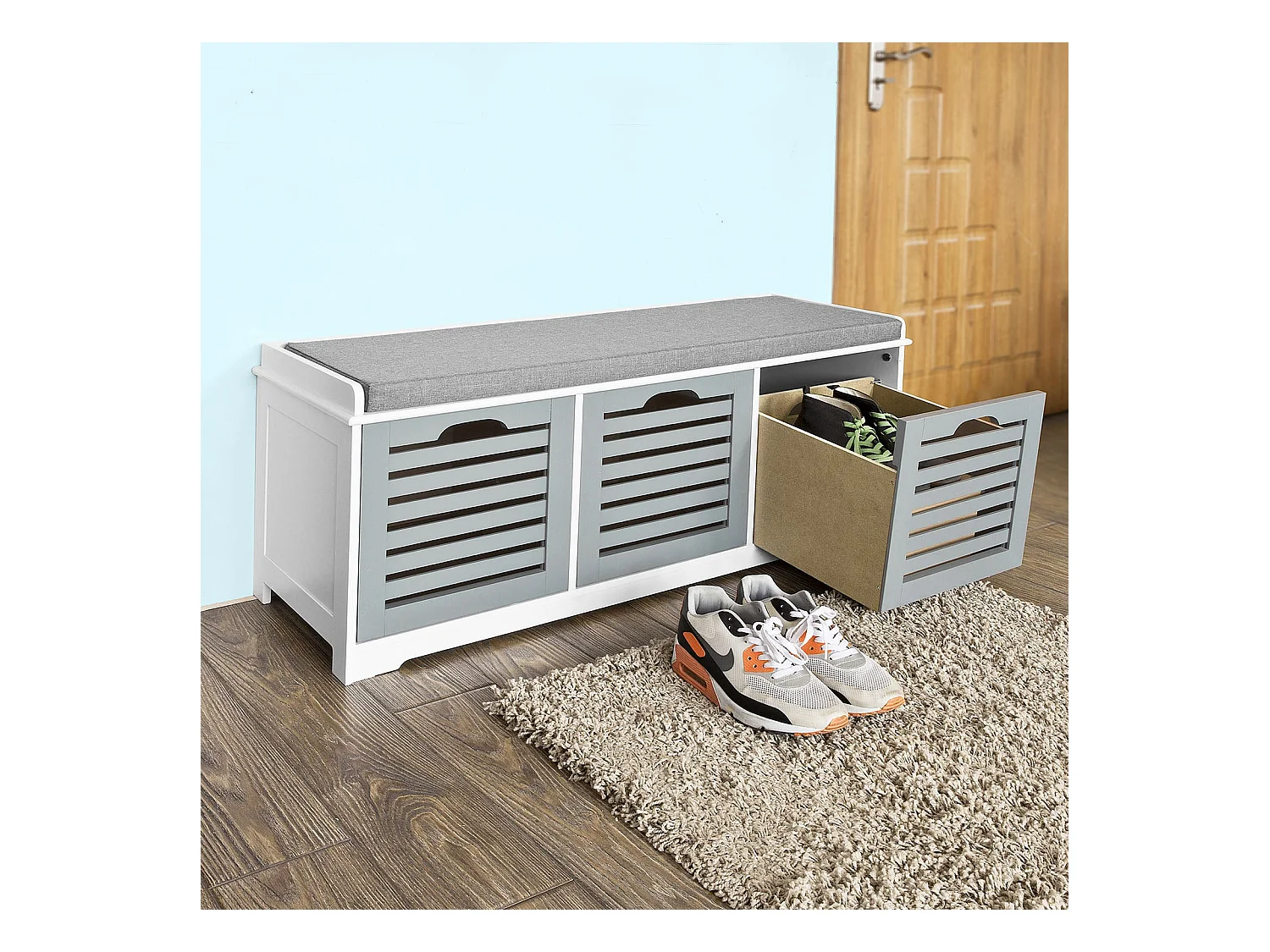 SoBuy Armoire à Chaussures Moderne avec Coussins et Paniers, Blanc Gris