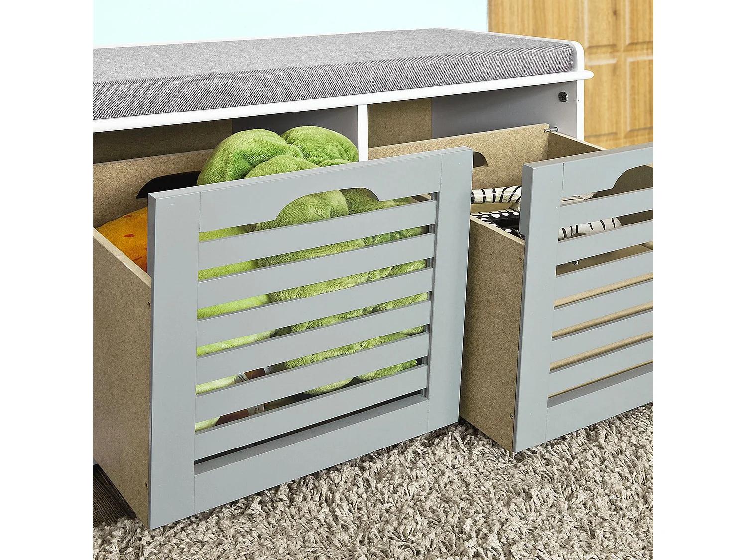 SoBuy Armoire à Chaussures Moderne avec Coussins et Paniers, Blanc Gris
