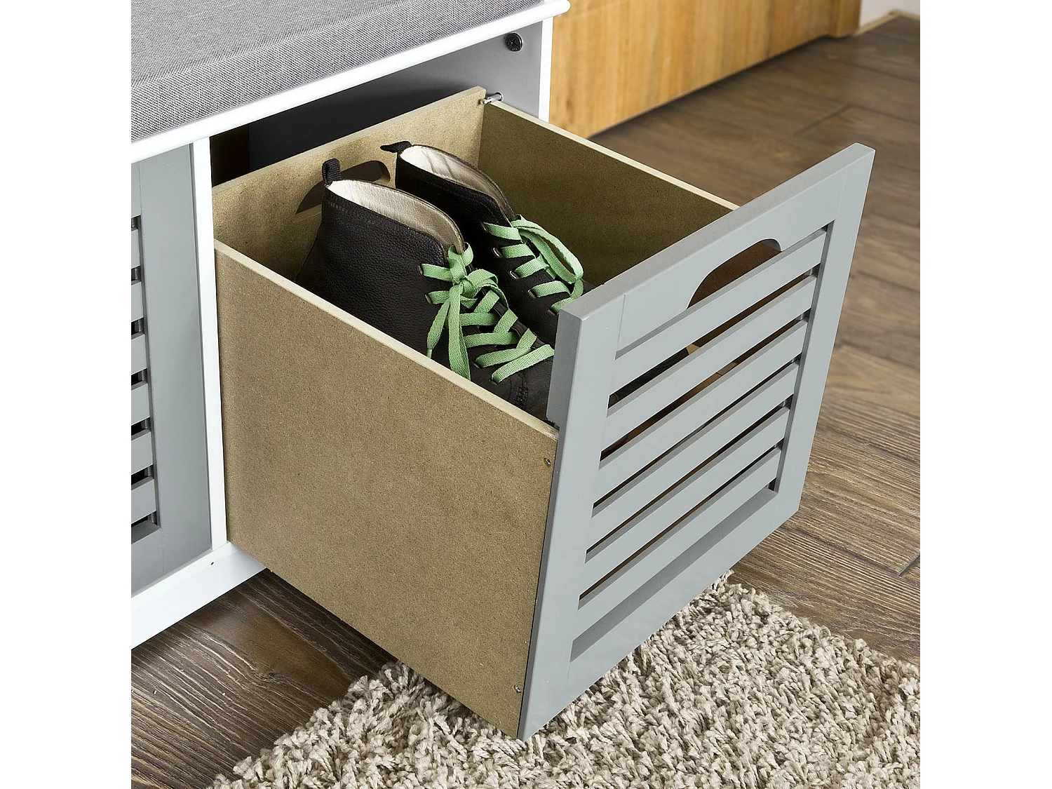 SoBuy Armoire à Chaussures Moderne avec Coussins et Paniers, Blanc Gris
