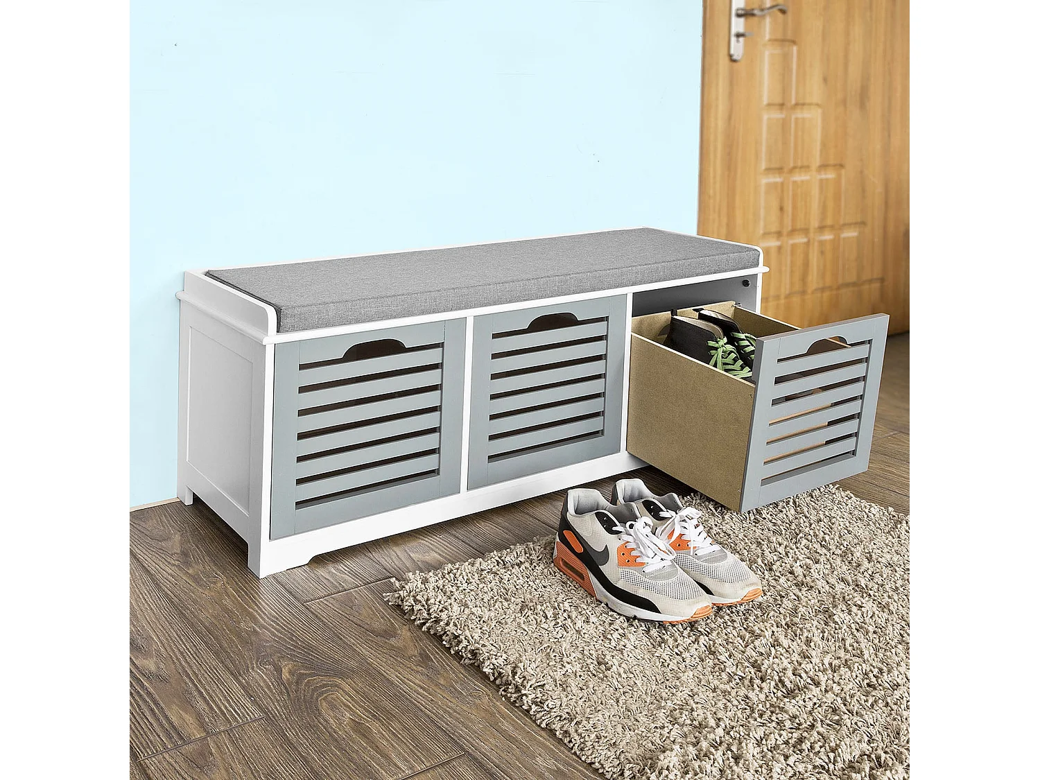 SoBuy Armoire à Chaussures Moderne avec Coussins et Paniers, Blanc Gris