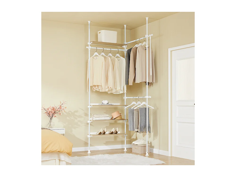 SoBuy Penderie télescopique à étagères et tringles réglables, Blanc