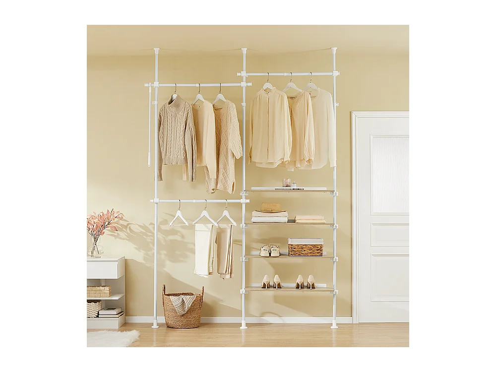 SoBuy Penderie télescopique à étagères et tringles réglables, Blanc