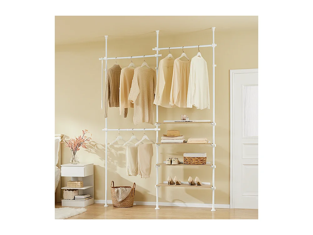 SoBuy Penderie télescopique à étagères et tringles réglables, Blanc
