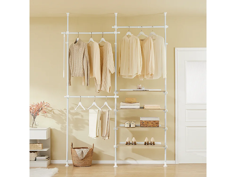 SoBuy Perchero Telescópico con Estantes y Barras, Armario Abierto Ajustable en Blanco
