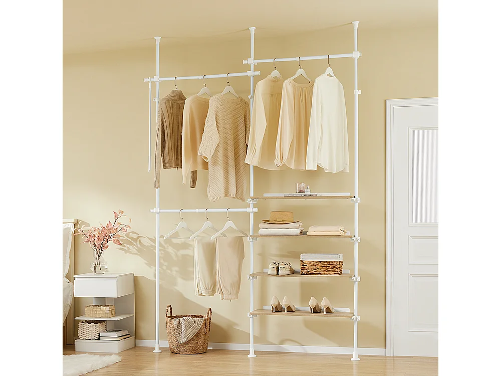 SoBuy Penderie télescopique à étagères et tringles réglables, Blanc