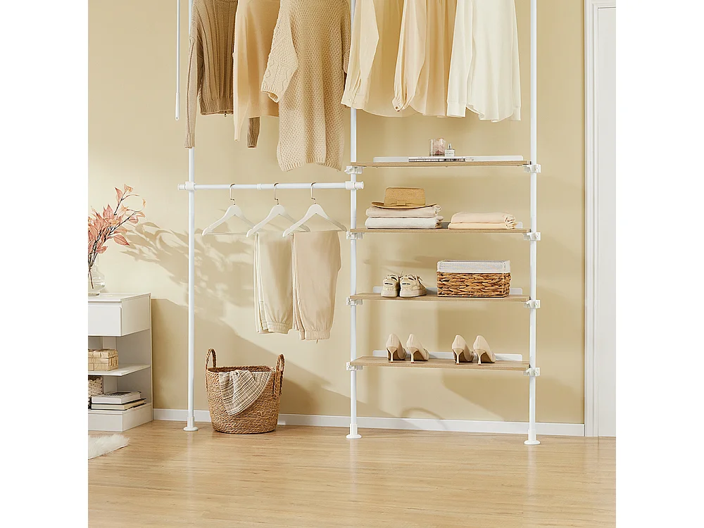 SoBuy Penderie télescopique à étagères et tringles réglables, Blanc
