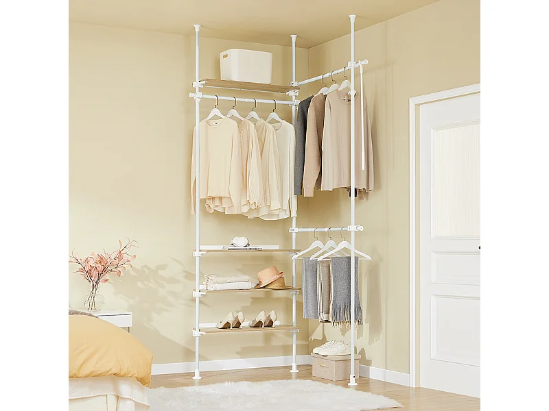 SoBuy Teleskopowy wieszak na ubrania z regulowanymi półkami biały