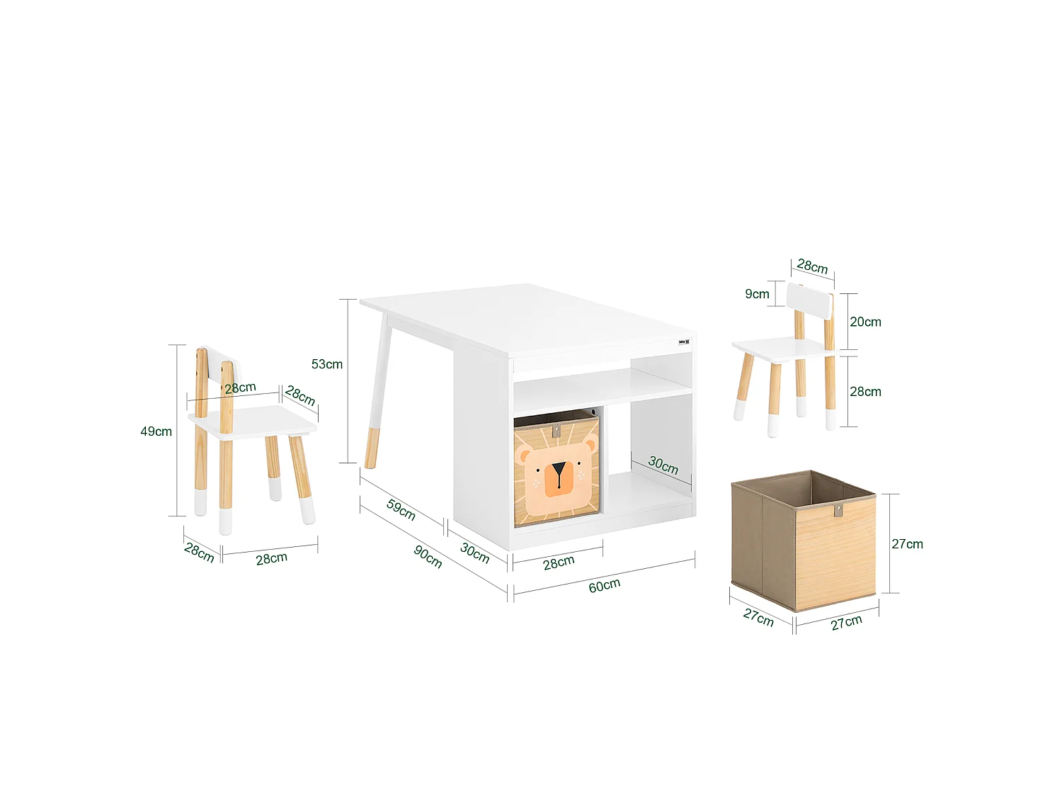 Tavolo bambini con sgabelli e spazio di archiviazione bianco