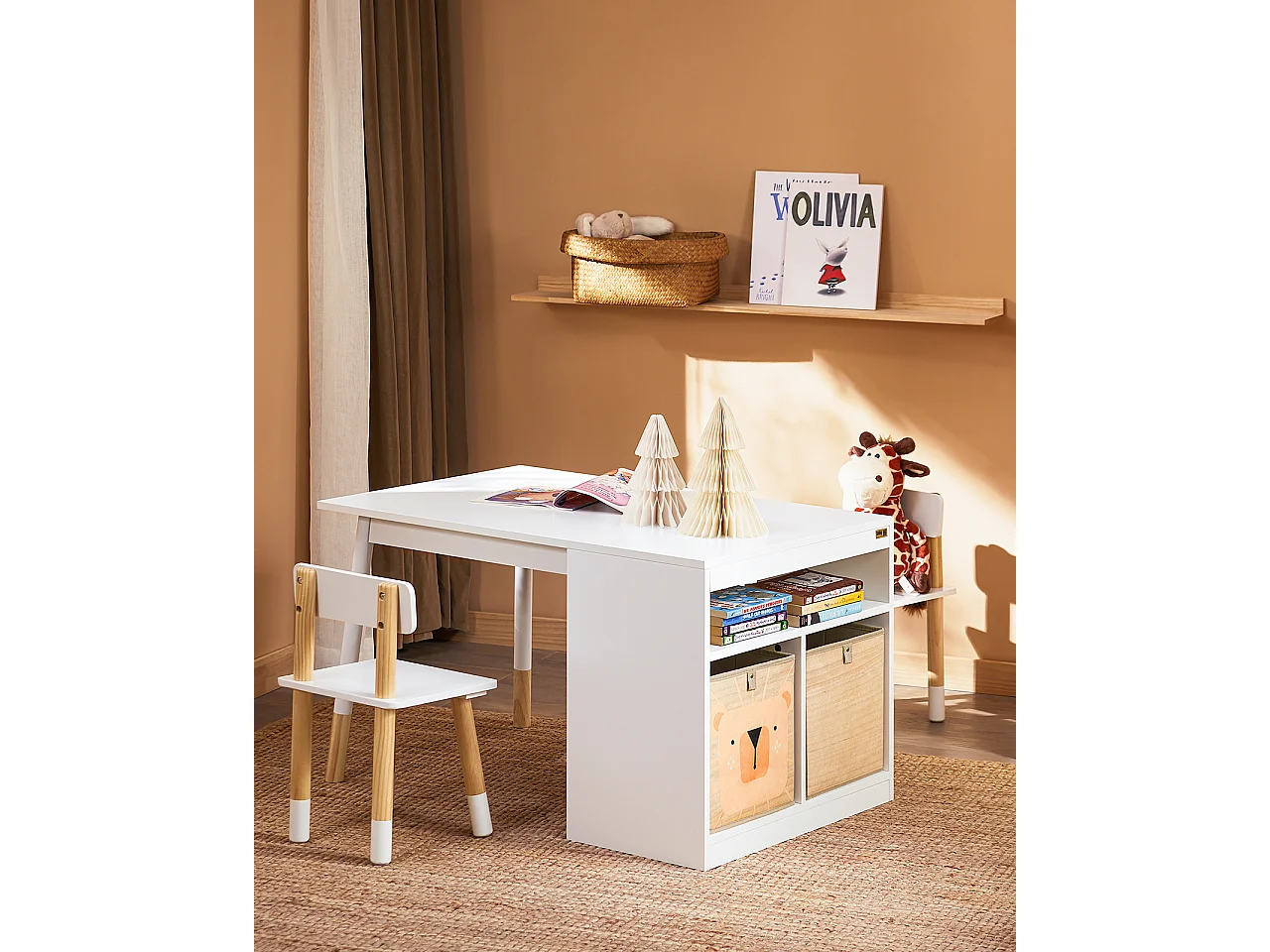 Tavolo bambini con sgabelli e spazio di archiviazione bianco