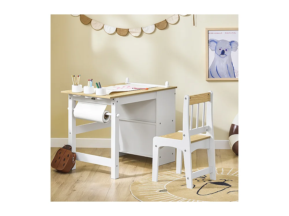 SoBuy stolik dziecięcy z krzesłem i uchwytem na rolkę papieru, biały