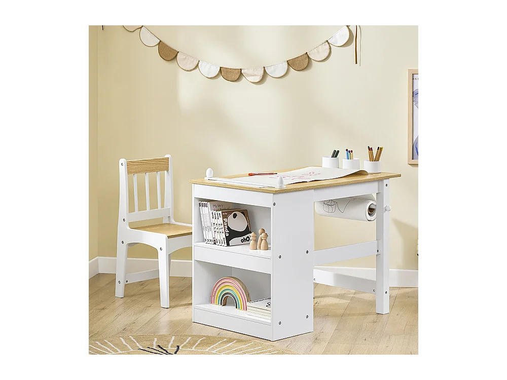 SoBuy stolik dziecięcy z krzesłem i uchwytem na rolkę papieru, biały