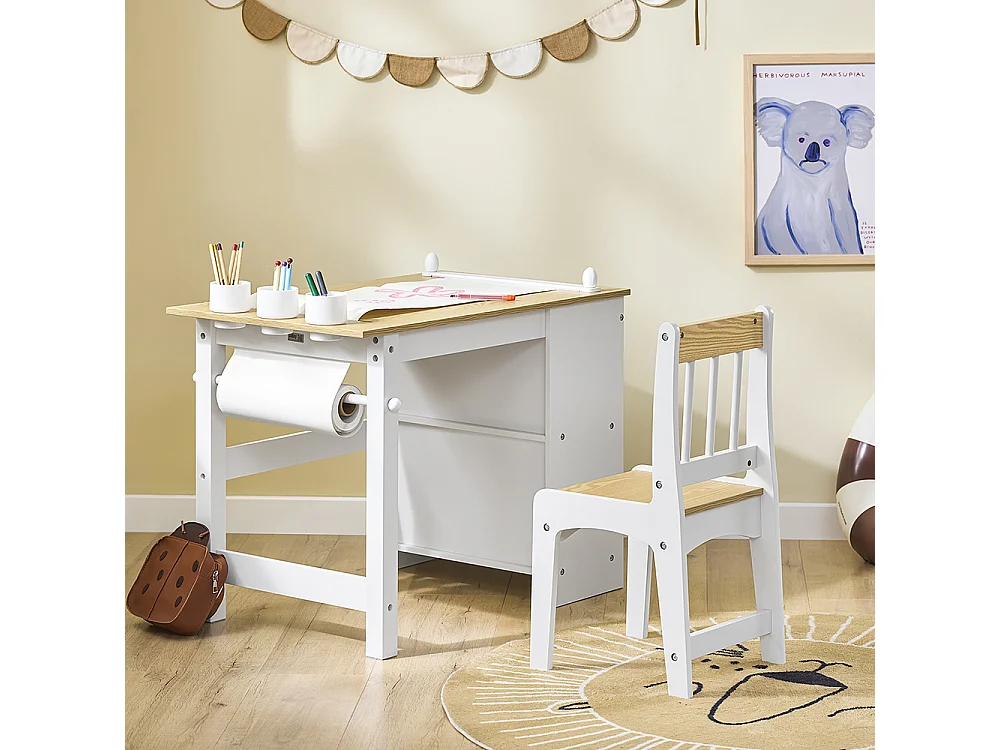 SoBuy Kindertafel- en Stoelset met plank en opbergvak, wit/naturel