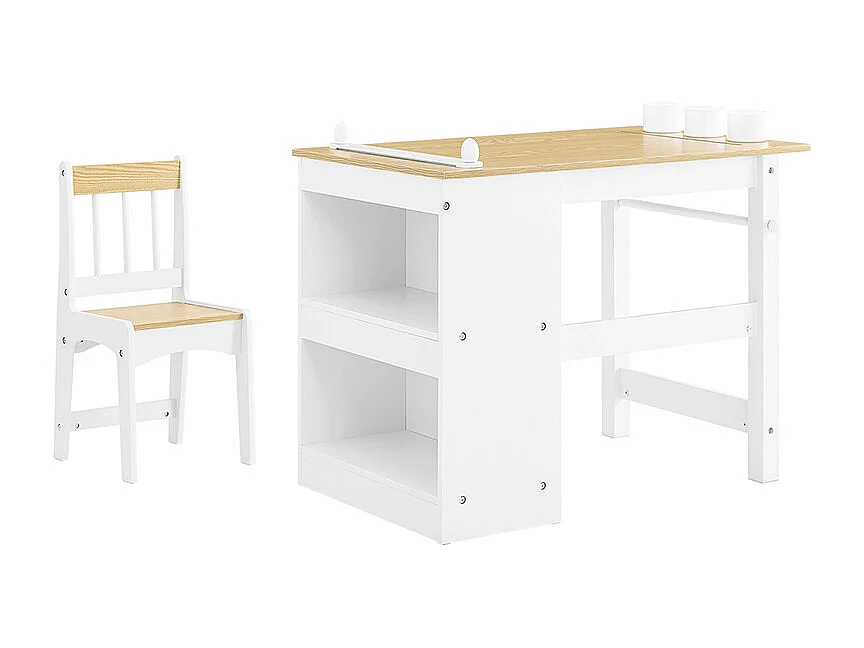 SoBuy Kindertafel- en Stoelset met plank en opbergvak, wit/naturel