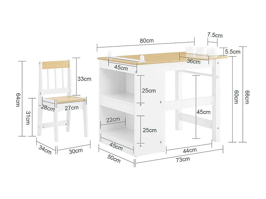 SoBuy Kindertafel- en Stoelset met plank en opbergvak, wit/naturel