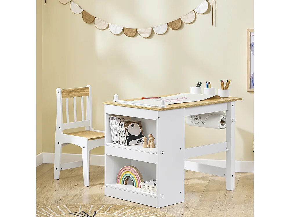 SoBuy Kindertafel- en Stoelset met plank en opbergvak, wit/naturel