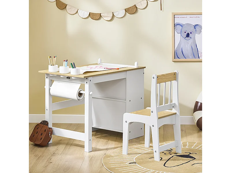 SoBuy Kindertafel- en Stoelset met plank en opbergvak, wit/naturel
