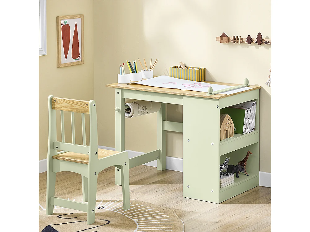SoBuy Table Enfant Bureau avec 2 Étagères et Rangement Stylos Vert