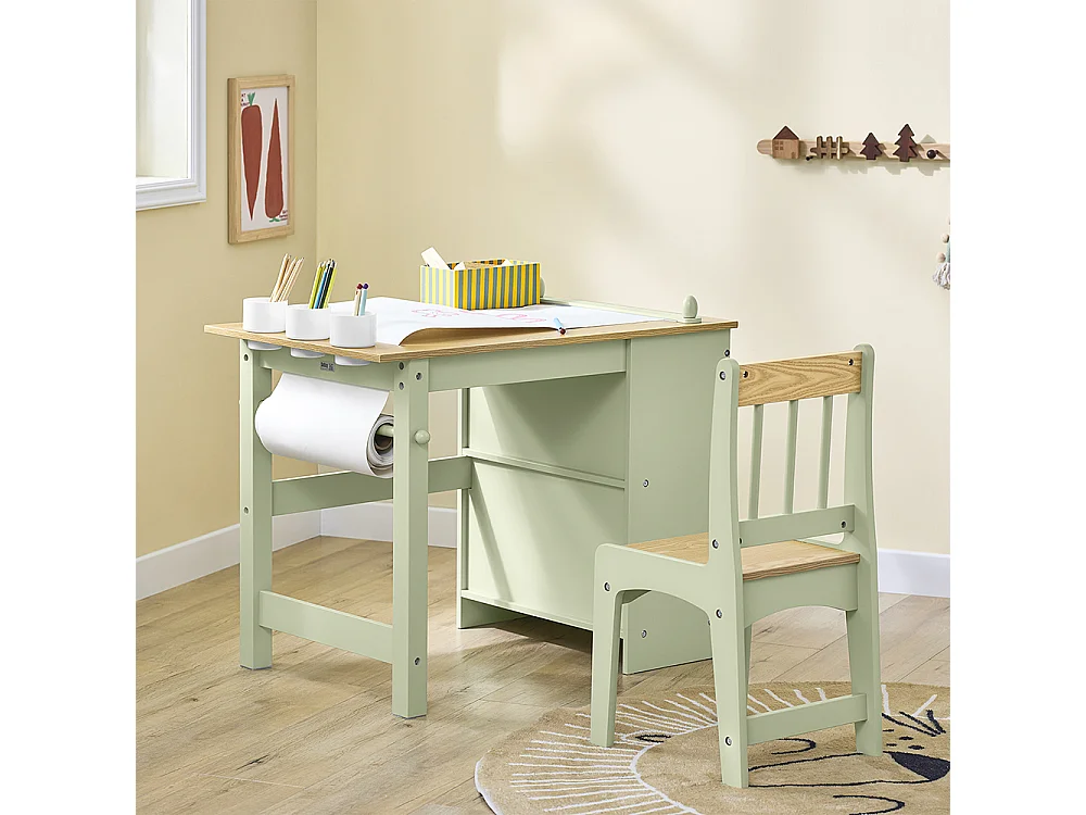 SoBuy Table Enfant Bureau avec 2 Étagères et Rangement Stylos Vert