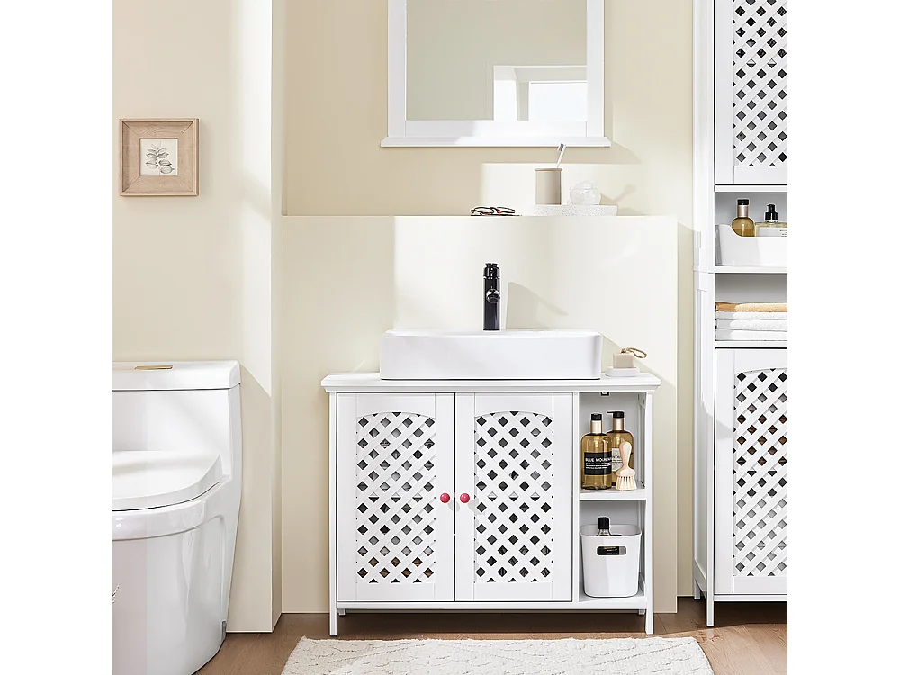 Meuble de Salle de Bain sous Vasque à 2 Portes, Niche Ouverte, MDF E1, Étagère Réglable