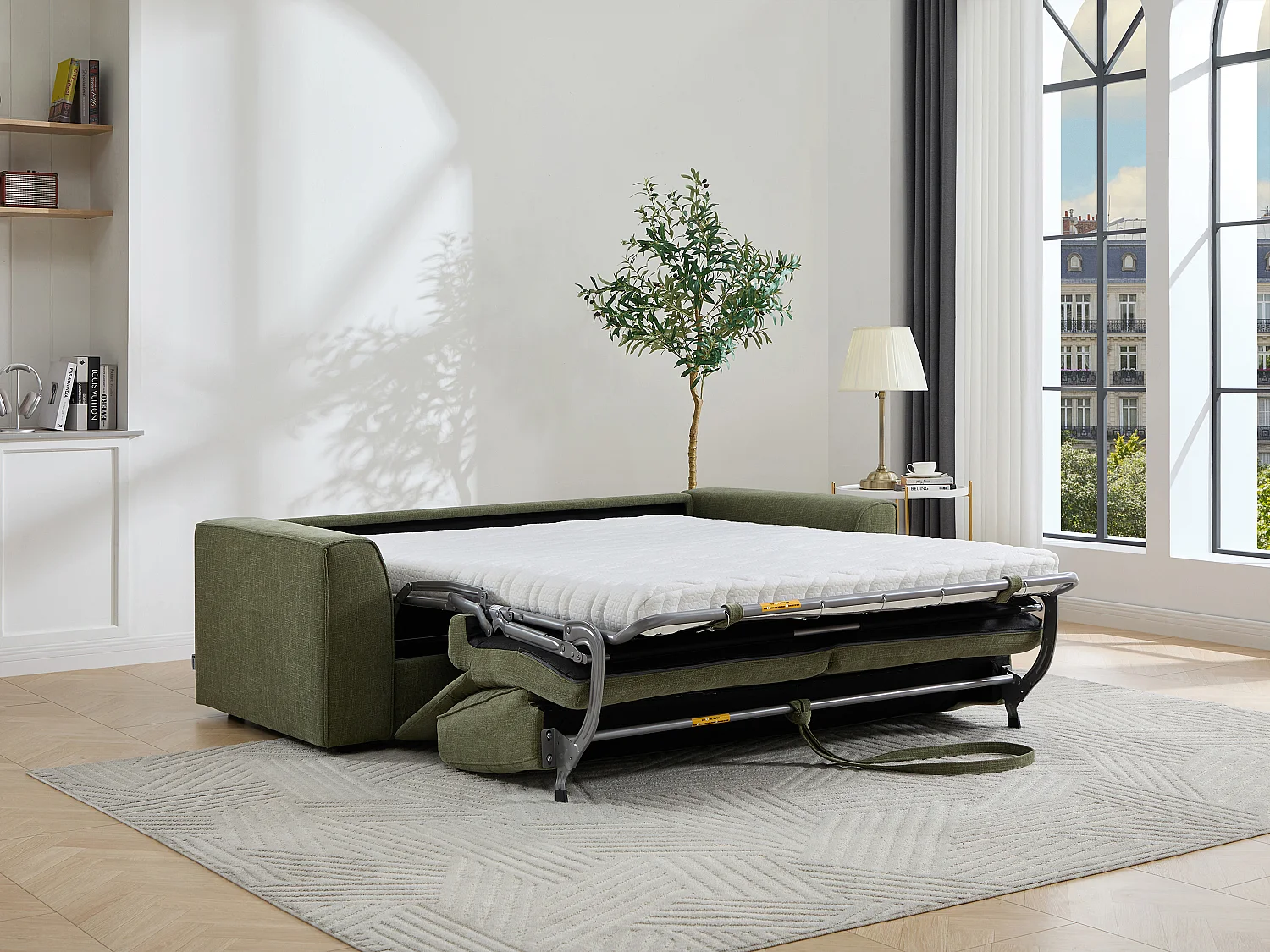 Canapé 3 places convertible express en tissu vert MOTETO