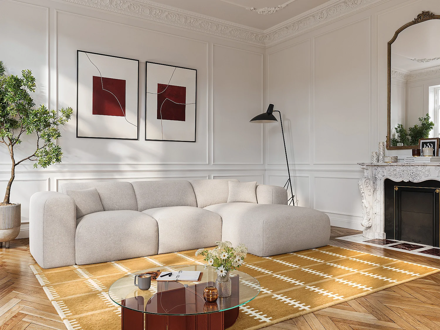 Grand canapé d'angle droit convertible express en tissu chiné beige - Matelas 16 cm mémoire de forme POGNI