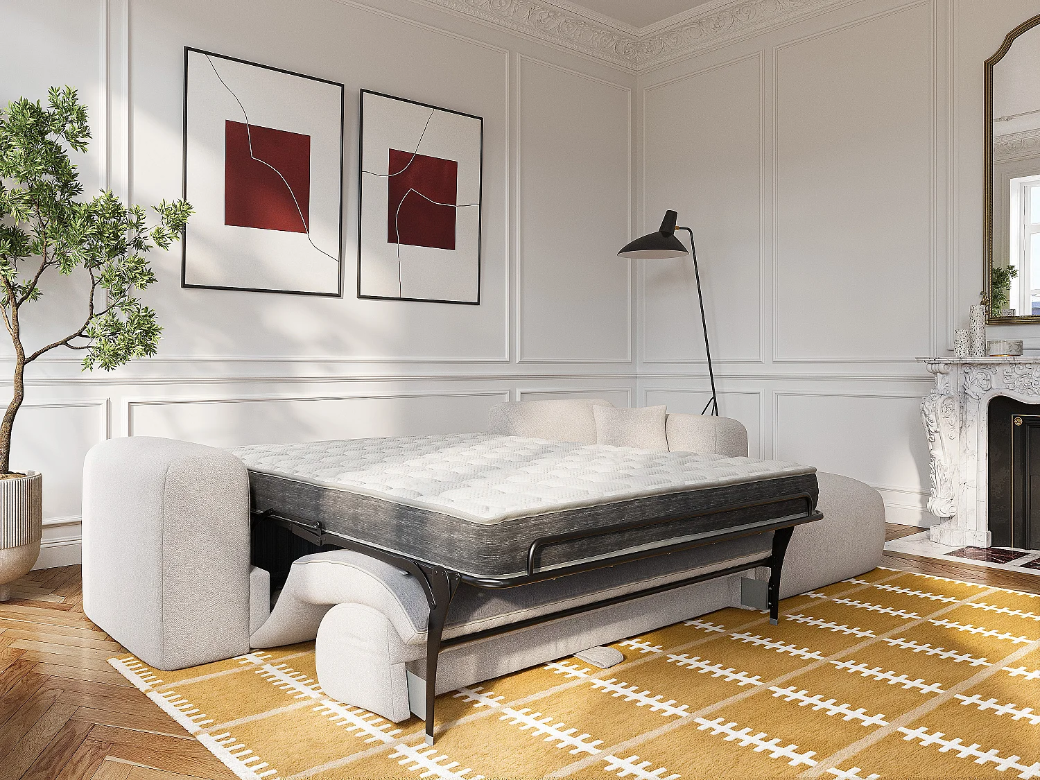 Grand canapé d'angle droit convertible express en tissu chiné beige - Matelas 16 cm mémoire de forme POGNI