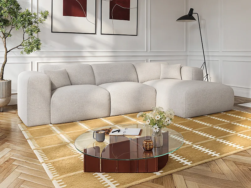 Grand canapé d'angle droit convertible express en tissu chiné beige - Matelas 16 cm mémoire de forme POGNI