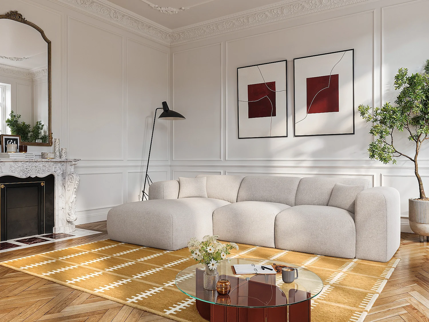 Grand canapé d'angle gauche convertible express en tissu chiné beige - Matelas 16 cm mémoire de forme POGNI