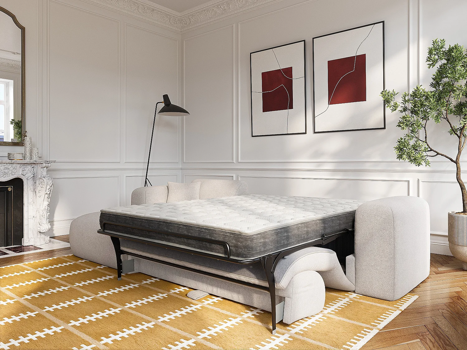 Grand canapé d'angle gauche convertible express en tissu chiné beige - Matelas 16 cm mémoire de forme POGNI