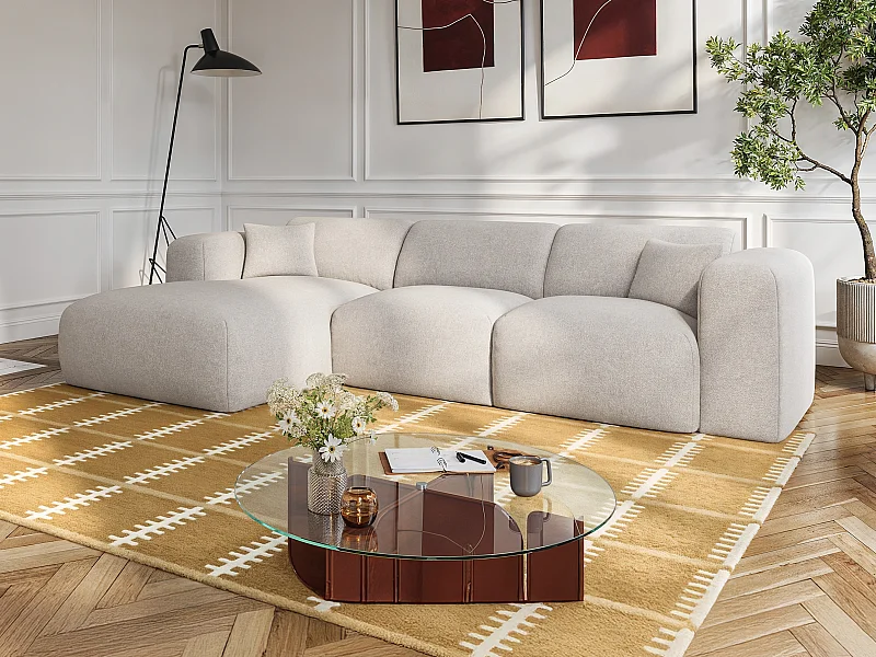 Grand canapé d'angle gauche convertible express en tissu chiné beige - Matelas 16 cm mémoire de forme POGNI