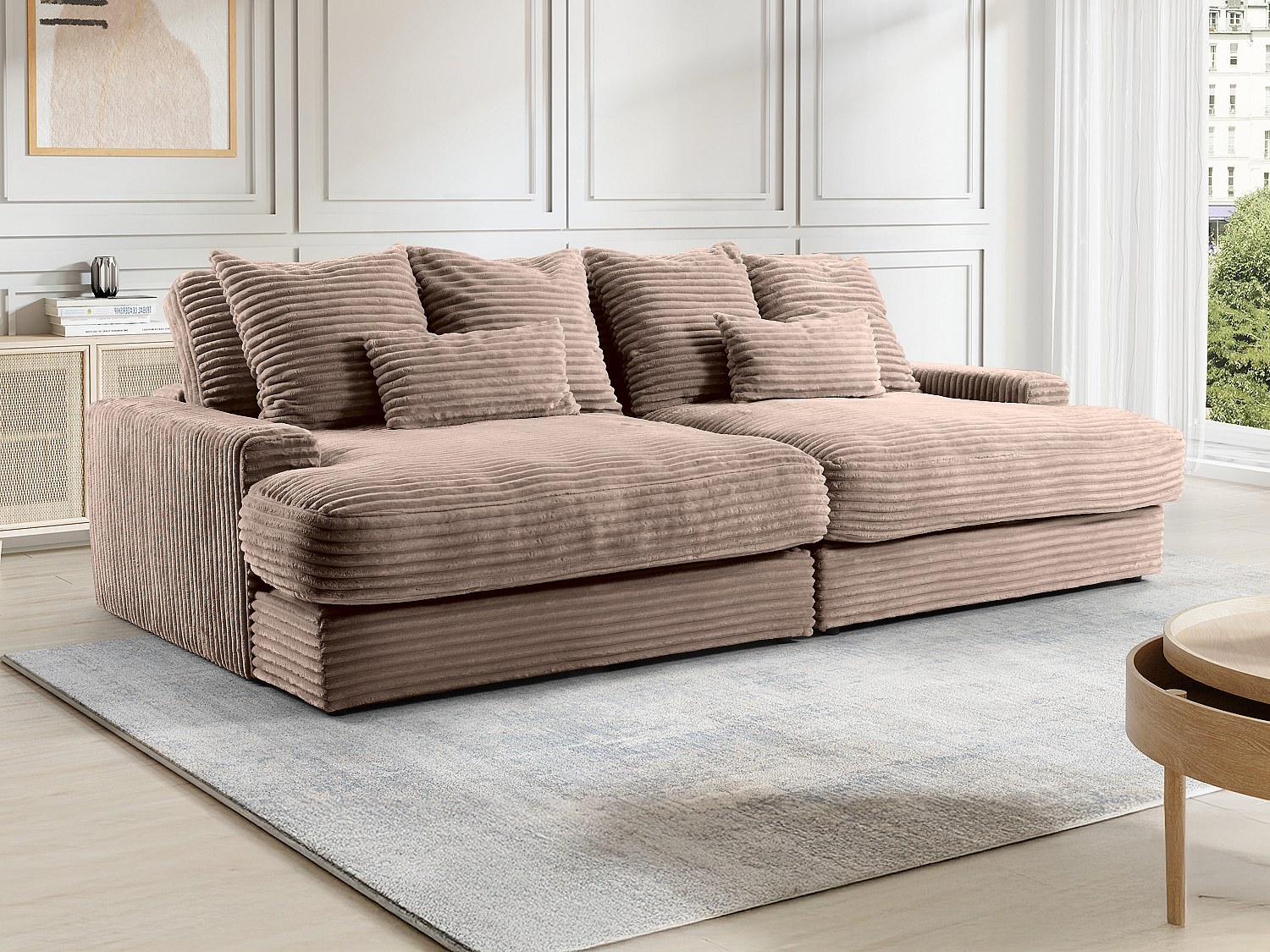 4-seters sofa med dyp sittekomfort i kordfløyel med brede ribber i taupe CALAZO