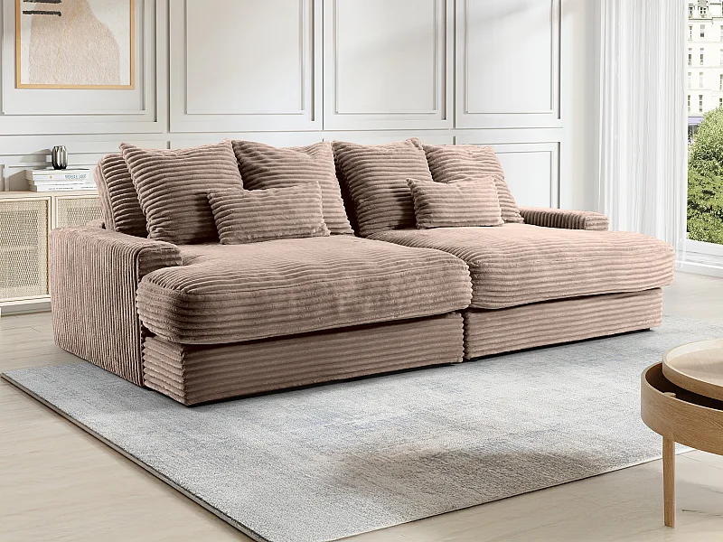 Canapé 4 places confort assise profonde en velours côtelé grosses côtes taupe CALAZO de Pascal Morabito