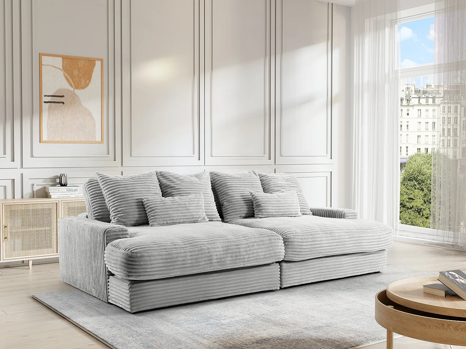 Canapé 4 places confort assise profonde en velours côtelé grosses côtes gris CALAZO de Pascal Morabito
