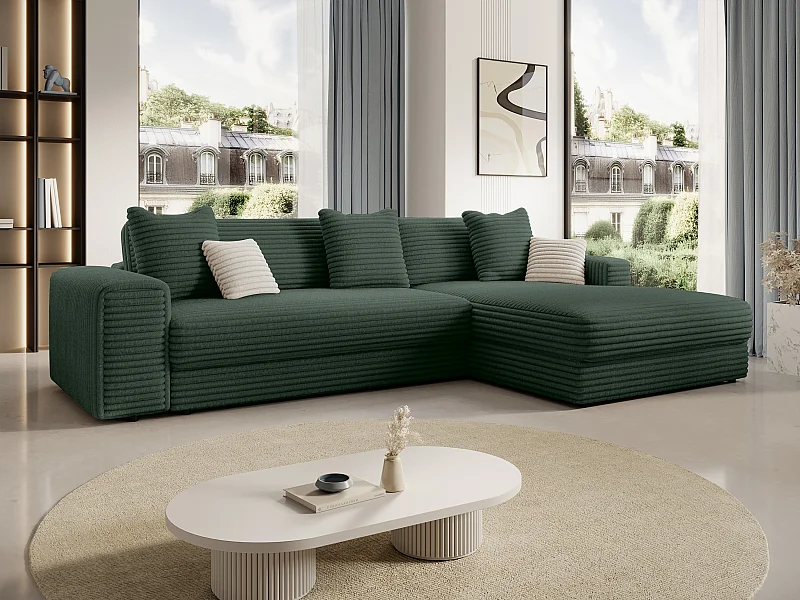 Canapé d'angle droit en velours côtelé grosses côtes vert sapin CALAZO de Pascal Morabito