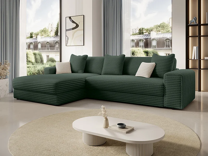 Canapé d'angle gauche en velours côtelé grosses côtes vert sapin CALAZO de Pascal Morabito
