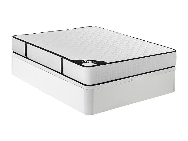 Zestaw 160 x 200 cm: stelaż skrzyniowy w białym kolorze + materac z 7-strefowymi sprężynami kieszeniowymi i pianką memory o grubości 22 cm – LUREAN od YSMÉE