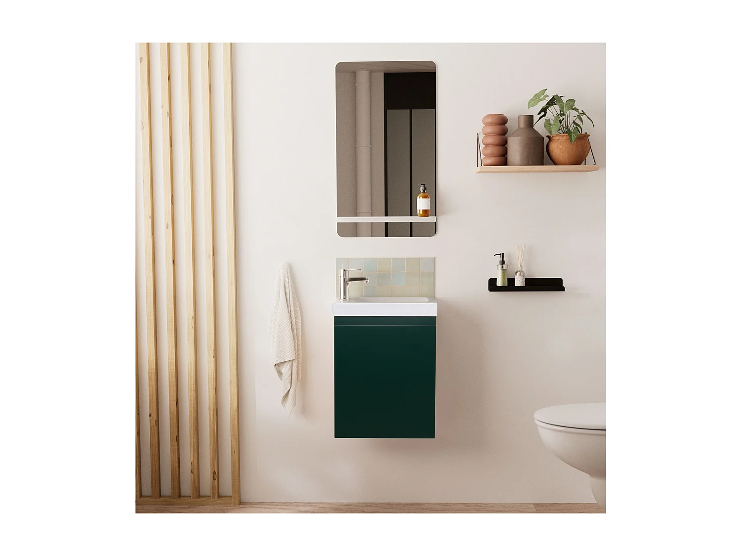 Ensemble lave-mains suspendu avec robinet chromé et miroir tablette