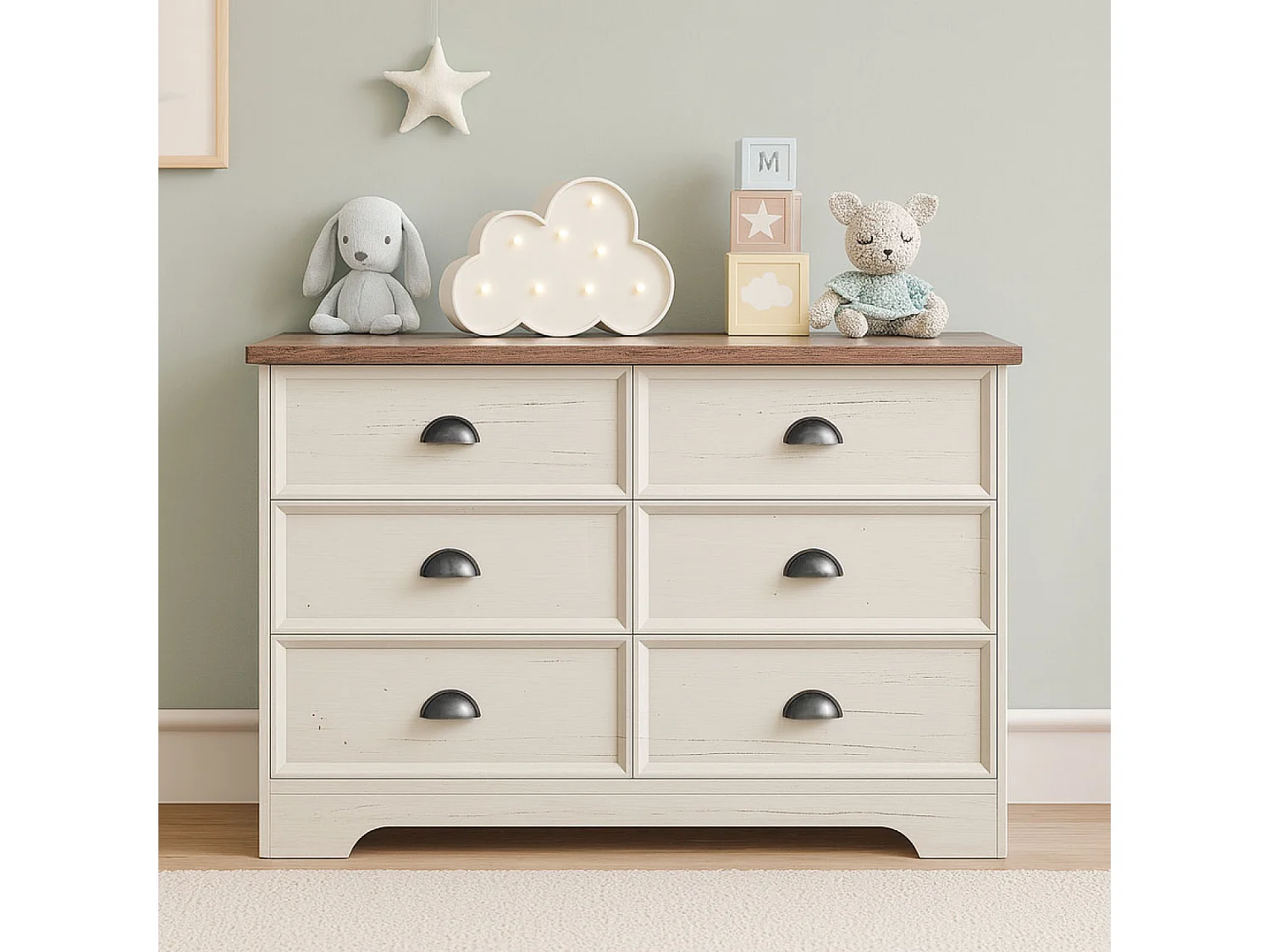 Kommode 6 Schubladen weiß und Holz 120cm VALLA - Landhausstil Chic und Funktionalität