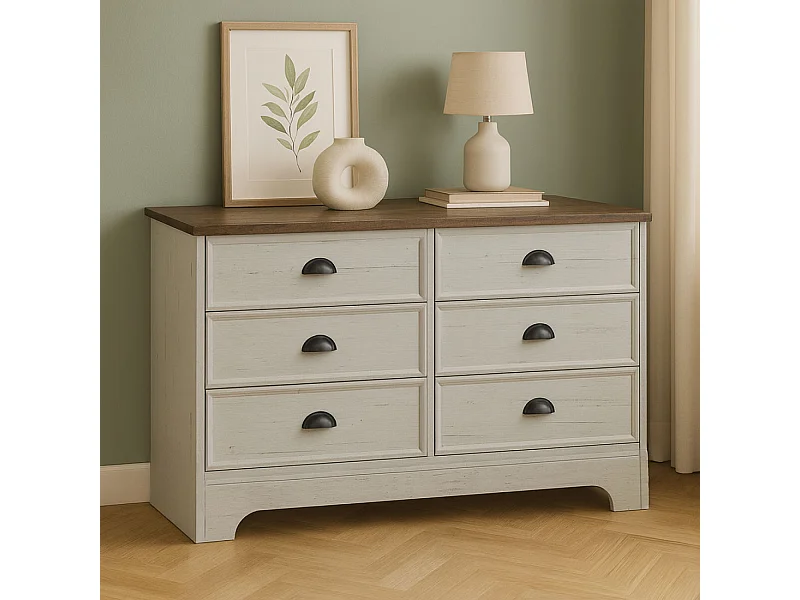 Kommode 6 Schubladen weiß und Holz 120cm VALLA - Landhausstil Chic und Funktionalität