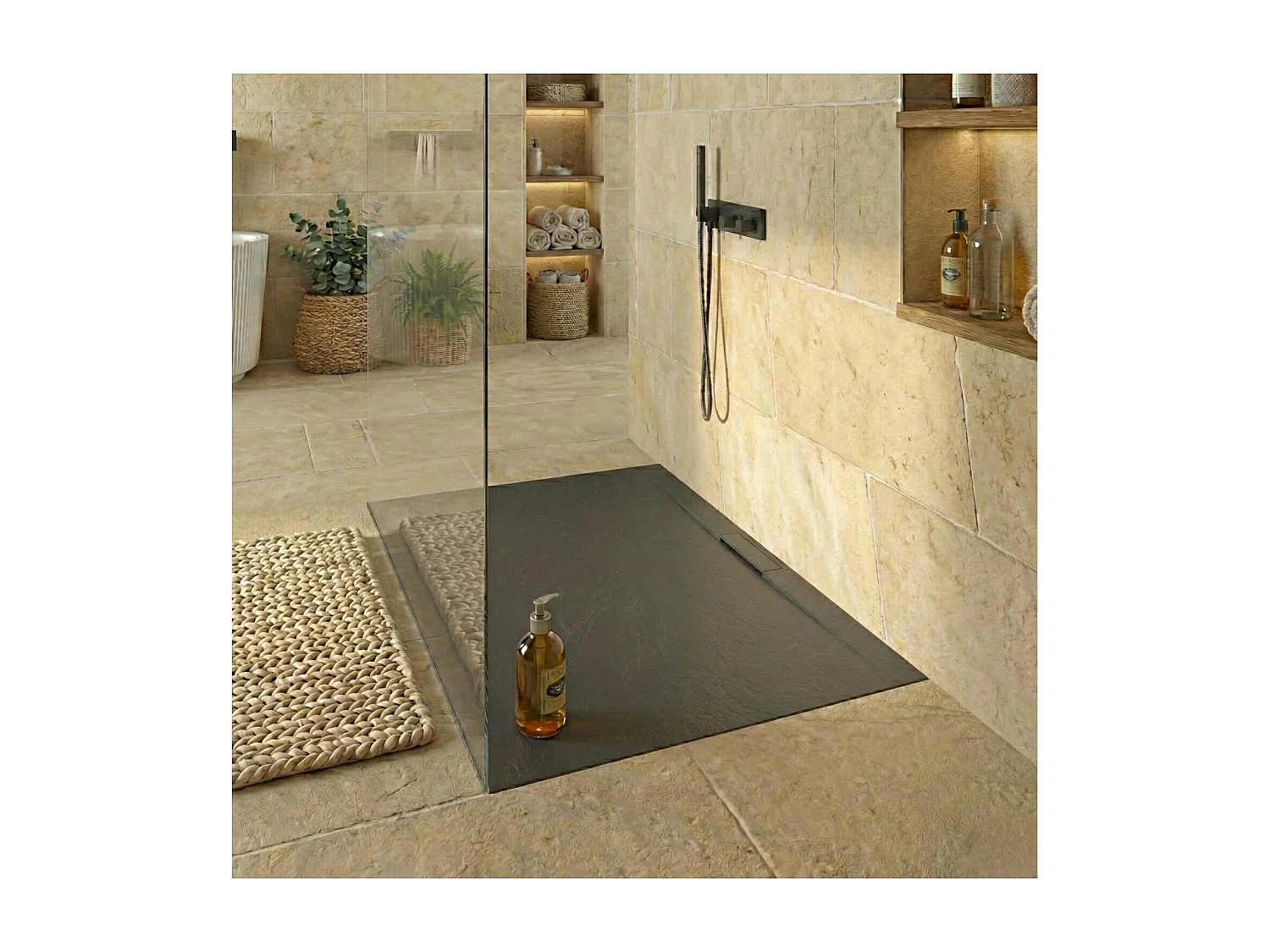 LIVA extra vlakke wanddouchebak in leisteenlook 140x90