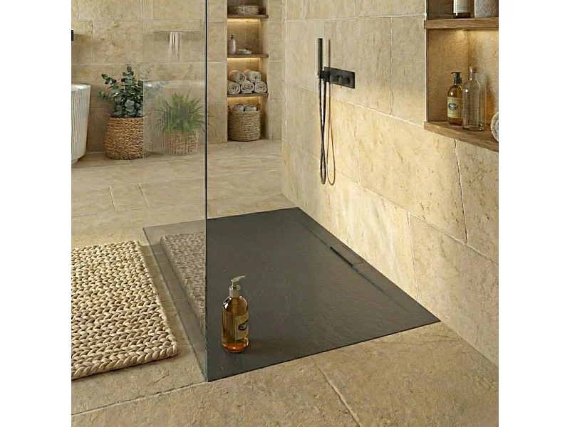 LIVA extra vlakke wanddouchebak in leisteenlook 140x90