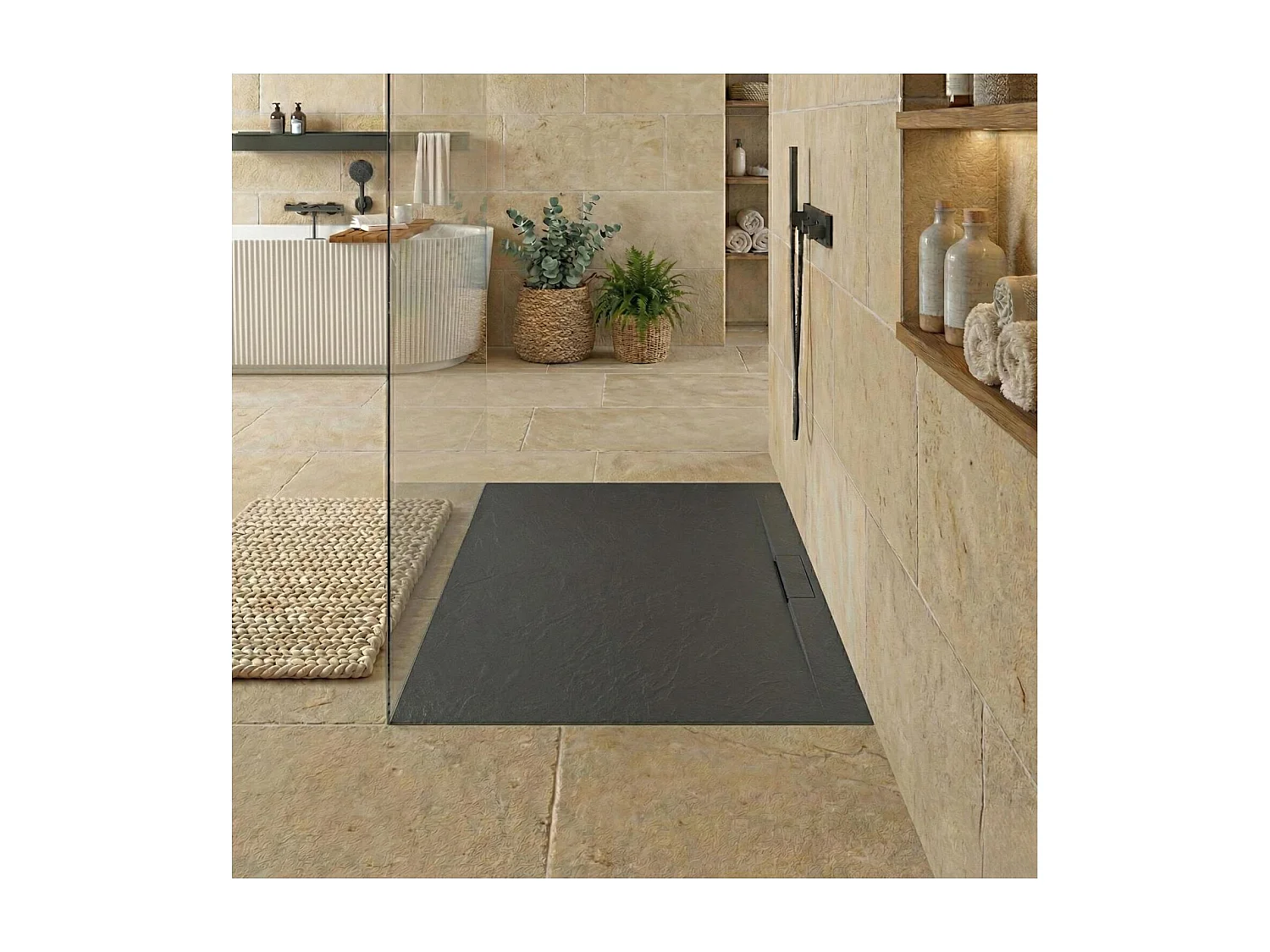 LIVA extra vlakke wanddouchebak in leisteenlook 120x90