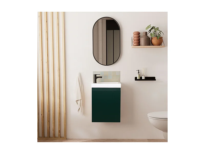 Ensemble lave-mains suspendu avec robinet noir et miroir ovale